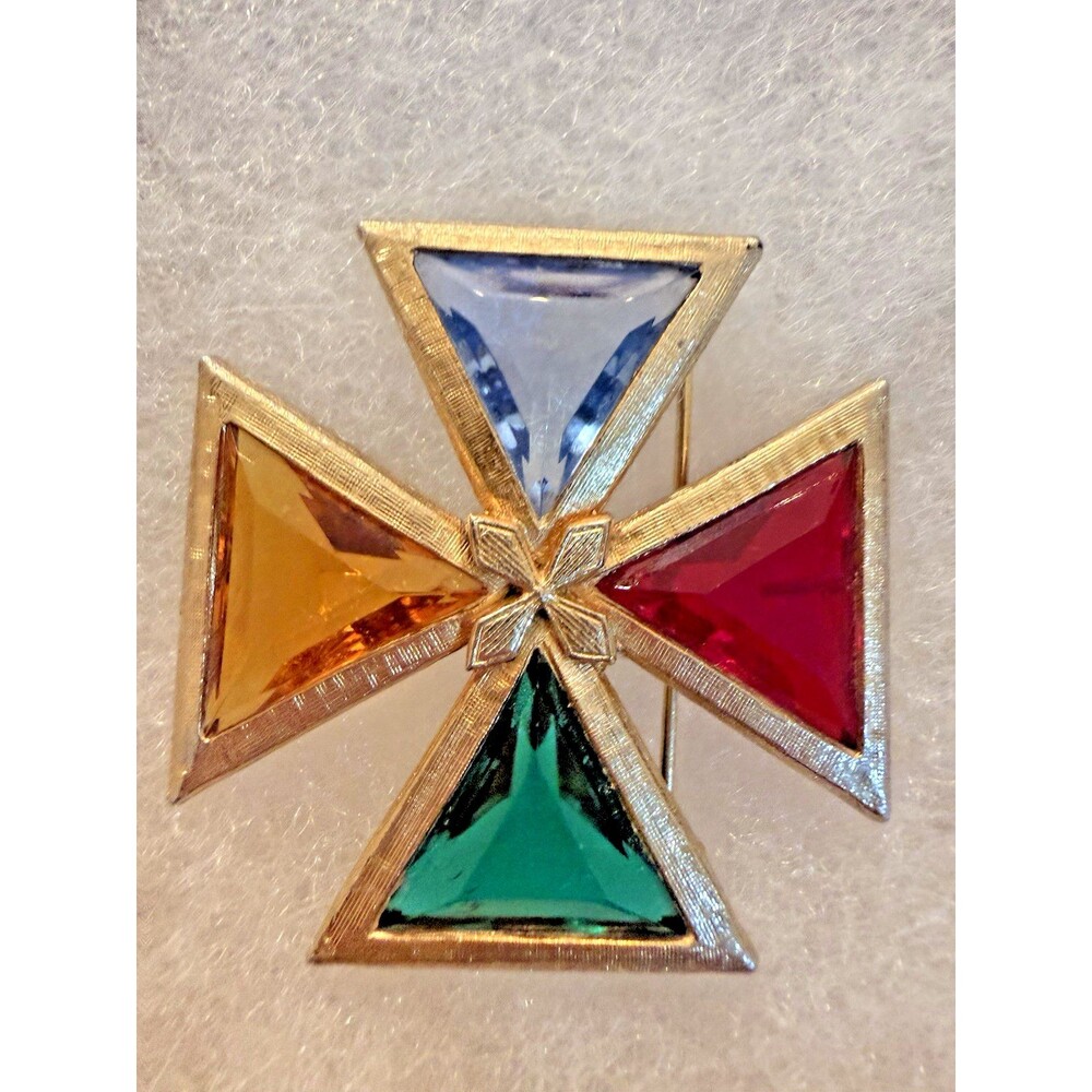 Vintage Maltese Cross Brooch Pendant Blue Faceted Glass Gold Tone Accessocraft?